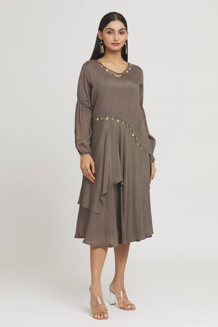 Buy Label Lila Brown Crepe Beads V-neck Coin Embellished Dress Online at Aza Fashions Buy_Label Lila_Brown Crepe Beads V-neck Coin Embellished Dress _Online_at_Aza_Fashions