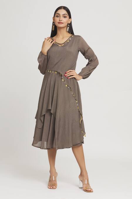 Shop Label Lila Brown Crepe Beads V-neck Coin Embellished Dress Online at Aza Fashions Shop_Label Lila_Brown Crepe Beads V-neck Coin Embellished Dress _Online_at_Aza_Fashions