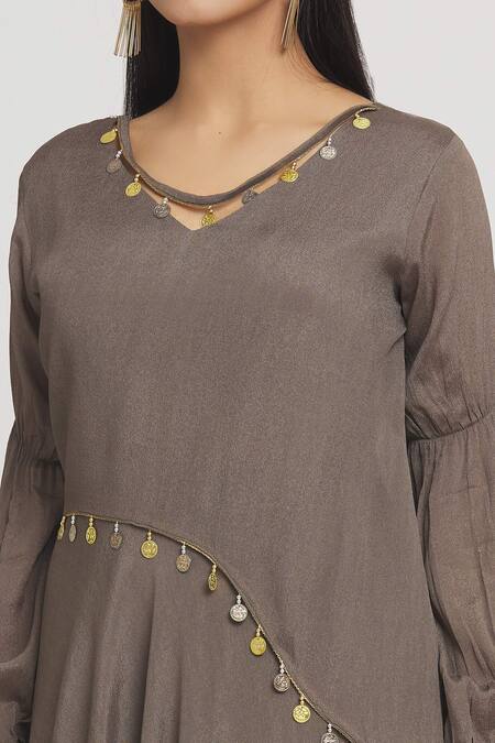 Label Lila Brown Crepe Beads V-neck Coin Embellished Dress at Aza Fashions Label Lila_Brown Crepe Beads V-neck Coin Embellished Dress _at_Aza_Fashions