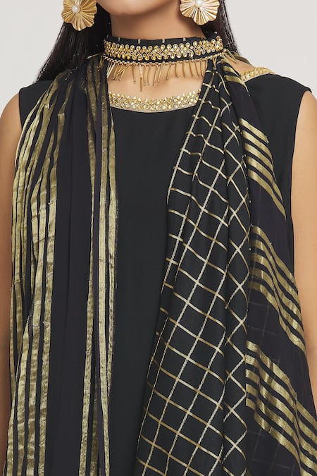 Shop_Label Lila_Black Silk Cut Work, Zari High Neck, Round Chequered Pattern Jacket With Kurta _Online_at_Aza_Fashions