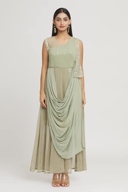 Label Lila_Green Georgette Sequins Round Neck Embellished Draped Gown _Online_at_Aza_Fashions