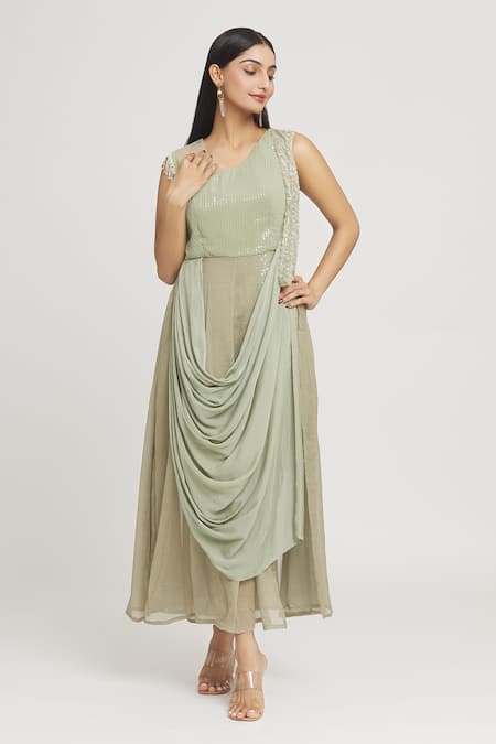Buy_Label Lila_Green Georgette Sequins Round Neck Embellished Draped Gown _Online_at_Aza_Fashions