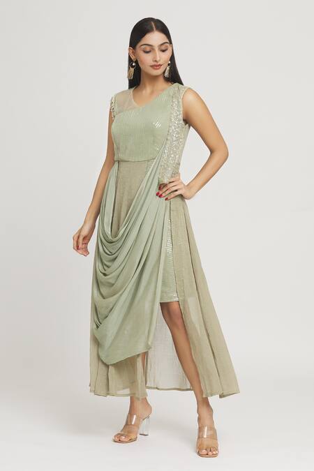Shop_Label Lila_Green Georgette Sequins Round Neck Embellished Draped Gown _Online_at_Aza_Fashions