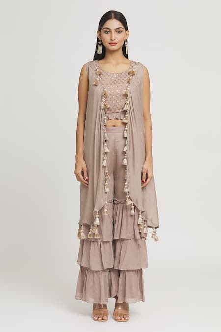 Buy_Label Lila_Pink Georgette Tassels, Sequins Round Neck Embellished Jacket Layered Pant Set _Online_at_Aza_Fashions