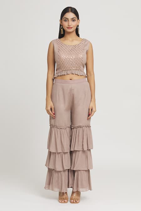 Label Lila_Pink Georgette Tassels, Sequins Round Neck Embellished Jacket Layered Pant Set _at_Aza_Fashions