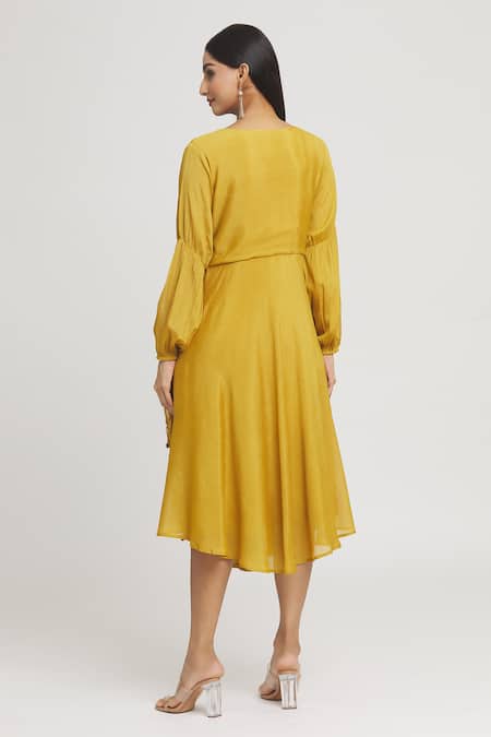 Shop_Label Lila_Yellow Crepe Round Neck Coin Embellished Asymmetric Dress _at_Aza_Fashions