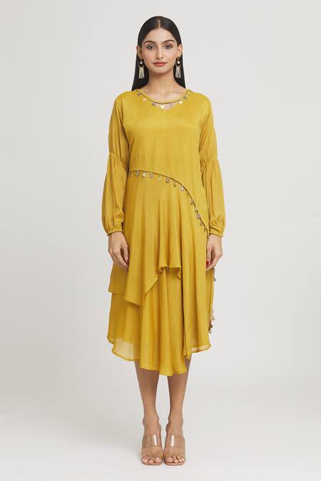 Label Lila_Yellow Crepe Round Neck Coin Embellished Asymmetric Dress _Online_at_Aza_Fashions