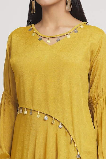 Buy_Label Lila_Yellow Crepe Round Neck Coin Embellished Asymmetric Dress _Online_at_Aza_Fashions