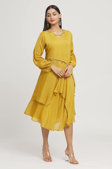 Shop_Label Lila_Yellow Crepe Round Neck Coin Embellished Asymmetric Dress _Online_at_Aza_Fashions
