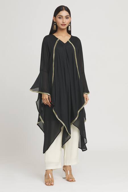 Label Lila_Black Crepe Lace V-neck Asymmetric Tunic _Online_at_Aza_Fashions