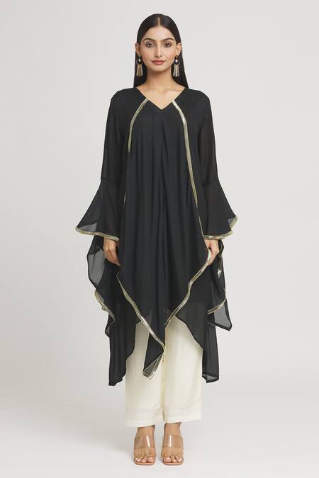 Label Lila_Black Crepe Lace V-neck Asymmetric Tunic _at_Aza_Fashions