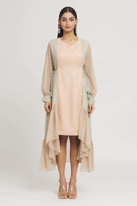 Label Lila_Pink Georgette V-neck Stripe Pattern High Low Dress _Online_at_Aza_Fashions