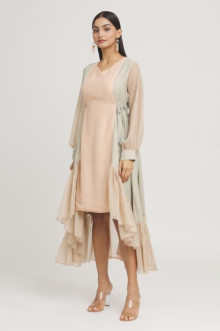 Buy_Label Lila_Pink Georgette V-neck Stripe Pattern High Low Dress _Online_at_Aza_Fashions