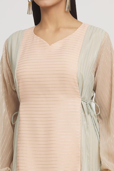 Label Lila_Pink Georgette V-neck Stripe Pattern High Low Dress _at_Aza_Fashions