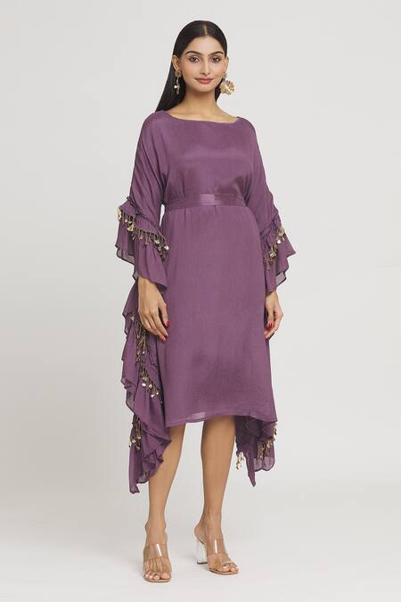 Label Lila Purple Crepe Round Neck Exaggerated Sleeve Dress With Belt Online at Aza Fashions Label Lila_Purple Crepe Round Neck Exaggerated Sleeve Dress With Belt _Online_at_Aza_Fashions