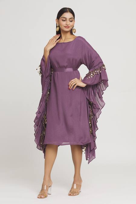 Buy Label Lila Purple Crepe Round Neck Exaggerated Sleeve Dress With Belt Online at Aza Fashions Buy_Label Lila_Purple Crepe Round Neck Exaggerated Sleeve Dress With Belt _Online_at_Aza_Fashions