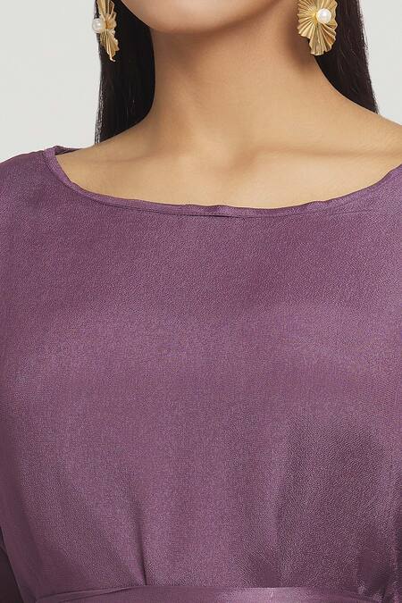 Shop Label Lila Purple Crepe Round Neck Exaggerated Sleeve Dress With Belt Online at Aza Fashions Shop_Label Lila_Purple Crepe Round Neck Exaggerated Sleeve Dress With Belt _Online_at_Aza_Fashions