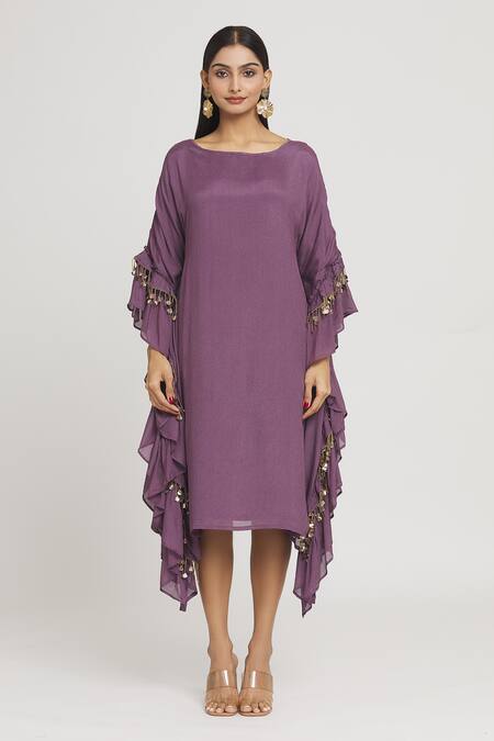 Label Lila Purple Crepe Round Neck Exaggerated Sleeve Dress With Belt at Aza Fashions Label Lila_Purple Crepe Round Neck Exaggerated Sleeve Dress With Belt _at_Aza_Fashions