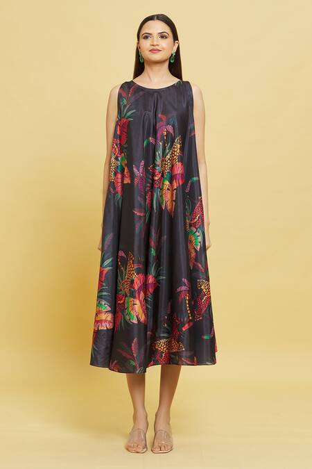 Sanjana Reddy Designs_Multi Color Dola Silk Printed Forest Patterns Round Dress_Online_at_Aza_Fashions