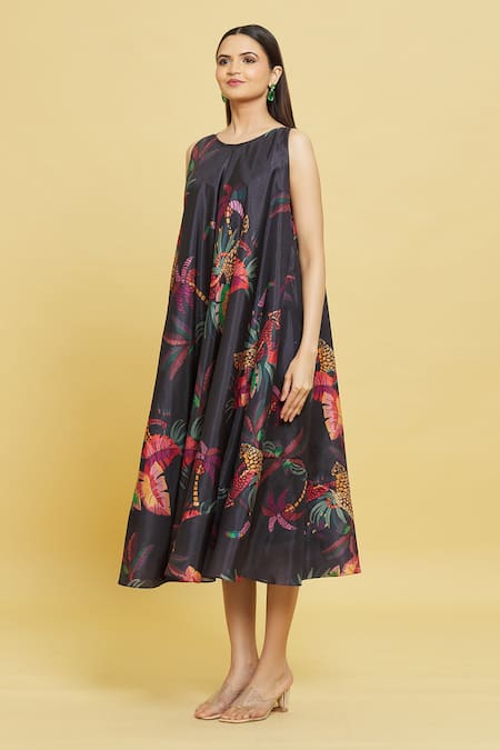 Buy_Sanjana Reddy Designs_Multi Color Dola Silk Printed Forest Patterns Round Dress_Online_at_Aza_Fashions