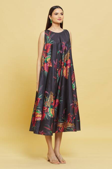 Shop_Sanjana Reddy Designs_Multi Color Dola Silk Printed Forest Patterns Round Dress_Online_at_Aza_Fashions