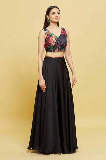 Shop_Sanjana Reddy Designs_Black Printed Forest Patterns V Neck Bouse Lehenga Set_Online_at_Aza_Fashions