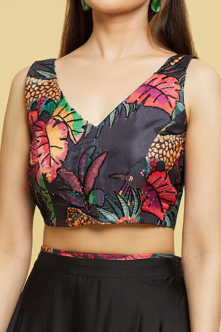 Buy_Sanjana Reddy Designs_Black Printed Forest Patterns V Neck Bouse Lehenga Set