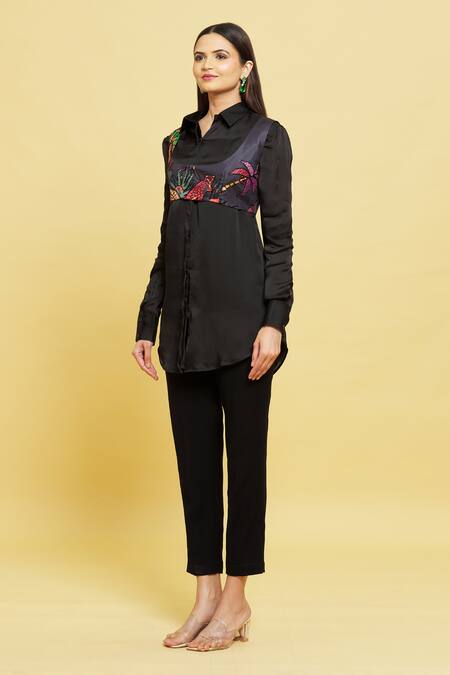 Sanjana Reddy Designs_Black Printed Forest Patterns Bustier Scoop With Shirt_Online_at_Aza_Fashions
