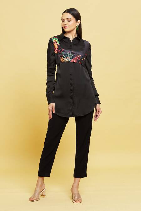 Sanjana Reddy Designs_Black Printed Forest Patterns Bustier Scoop With Shirt_at_Aza_Fashions