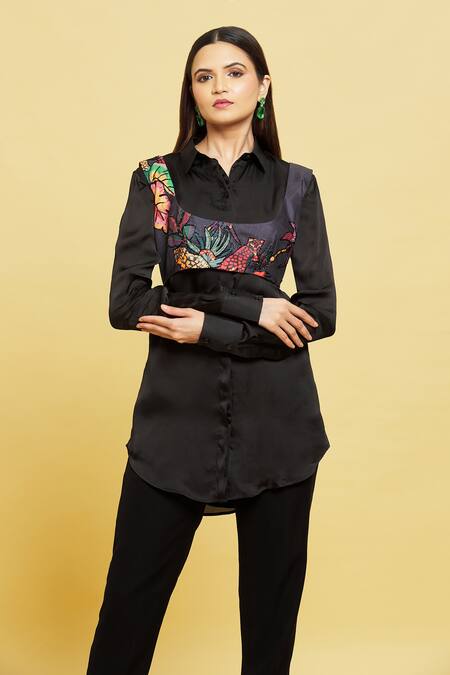 Shop_Sanjana Reddy Designs_Black Printed Forest Patterns Bustier Scoop With Shirt