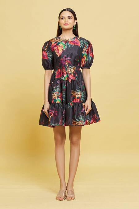 Sanjana Reddy Designs Multi Color Cotton Round Neck Forest Print Tiered Dress Online at Aza Fashions Sanjana Reddy Designs_Multi Color Cotton Round Neck Forest Print Tiered Dress_Online_at_Aza_Fashions