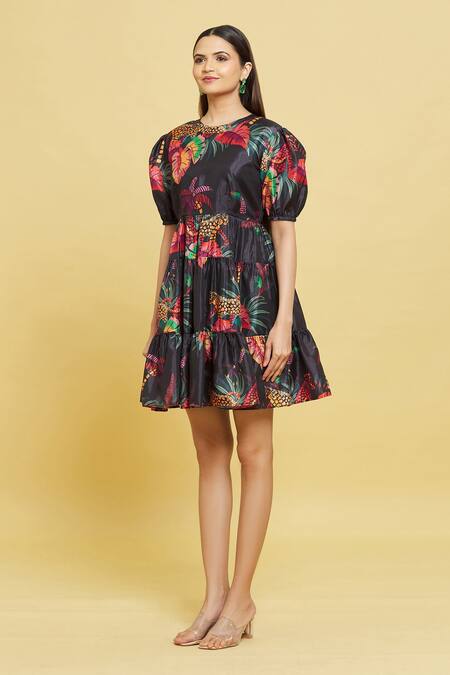 Buy Sanjana Reddy Designs Multi Color Cotton Round Neck Forest Print Tiered Dress Online at Aza Fashions Buy_Sanjana Reddy Designs_Multi Color Cotton Round Neck Forest Print Tiered Dress_Online_at_Aza_Fashions