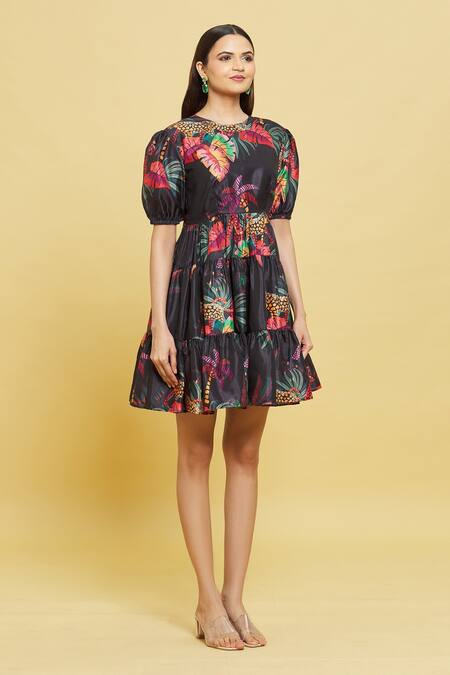 Shop Sanjana Reddy Designs Multi Color Cotton Round Neck Forest Print Tiered Dress Online at Aza Fashions Shop_Sanjana Reddy Designs_Multi Color Cotton Round Neck Forest Print Tiered Dress_Online_at_Aza_Fashions