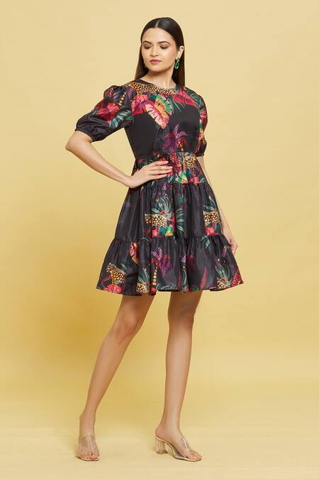 Sanjana Reddy Designs Multi Color Cotton Round Neck Forest Print Tiered Dress at Aza Fashions Sanjana Reddy Designs_Multi Color Cotton Round Neck Forest Print Tiered Dress_at_Aza_Fashions