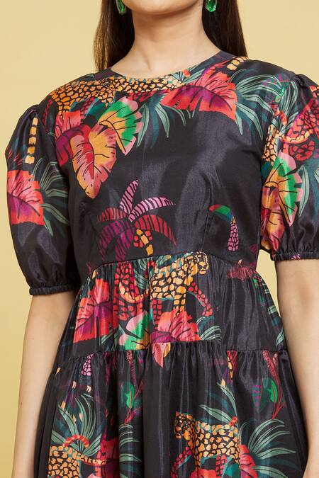 Buy Sanjana Reddy Designs Multi Color Cotton Round Neck Forest Print Tiered Dress Buy_Sanjana Reddy Designs_Multi Color Cotton Round Neck Forest Print Tiered Dress