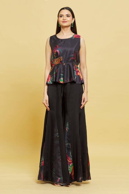 Buy Sanjana Reddy Designs Multi Color Printed Forest Patterns Round Peplum Top And Flared Pant Set Online at Aza Fashions Buy_Sanjana Reddy Designs_Multi Color Printed Forest Patterns Round Peplum Top And Flared Pant Set_Online_at_Aza_Fashions