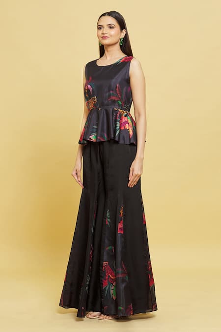 Shop Sanjana Reddy Designs Multi Color Printed Forest Patterns Round Peplum Top And Flared Pant Set Online at Aza Fashions Shop_Sanjana Reddy Designs_Multi Color Printed Forest Patterns Round Peplum Top And Flared Pant Set_Online_at_Aza_Fashions