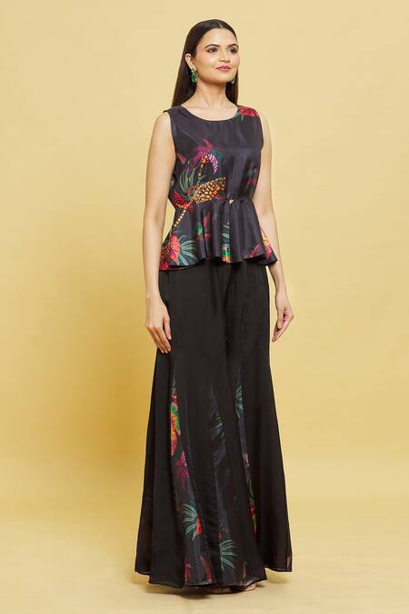 Sanjana Reddy Designs Multi Color Printed Forest Patterns Round Peplum Top And Flared Pant Set at Aza Fashions Sanjana Reddy Designs_Multi Color Printed Forest Patterns Round Peplum Top And Flared Pant Set_at_Aza_Fashions