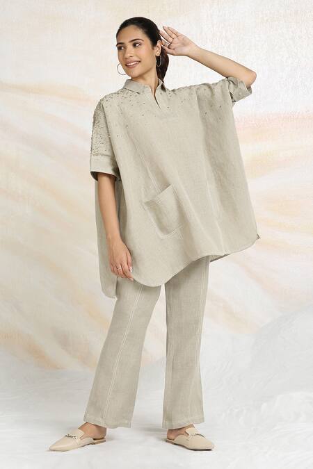 Kaveri_Gray Linen Rhinestones Collared Embellished Boxy Top And Pant Set _Online_at_Aza_Fashions