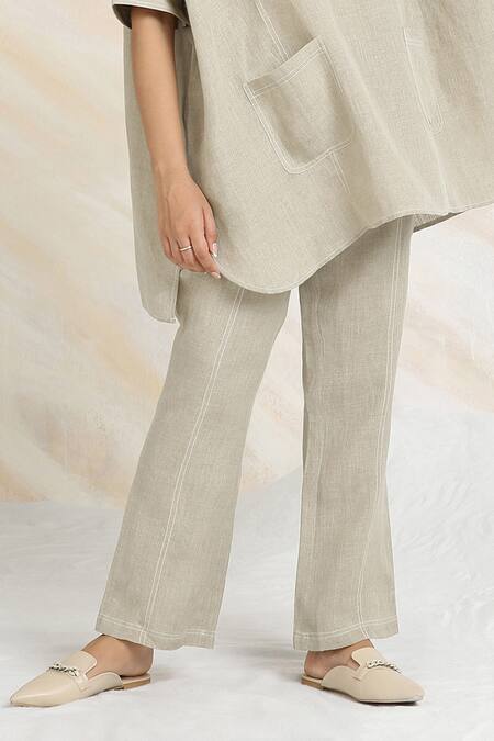 Buy_Kaveri_Gray Linen Rhinestones Collared Embellished Boxy Top And Pant Set _Online_at_Aza_Fashions