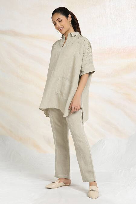 Shop_Kaveri_Gray Linen Rhinestones Collared Embellished Boxy Top And Pant Set _Online_at_Aza_Fashions