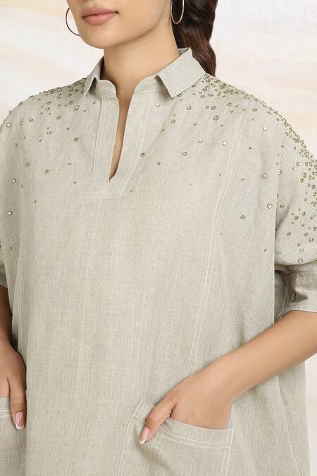 Kaveri_Gray Linen Rhinestones Collared Embellished Boxy Top And Pant Set _at_Aza_Fashions