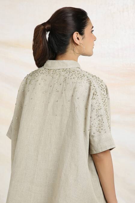 Buy_Kaveri_Gray Linen Rhinestones Collared Embellished Boxy Top And Pant Set 