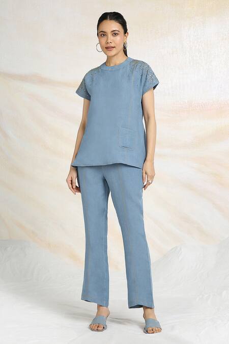 Kaveri_Blue Linen Rhinestones Round Neck Brazen Fall Embellished Top _Online_at_Aza_Fashions