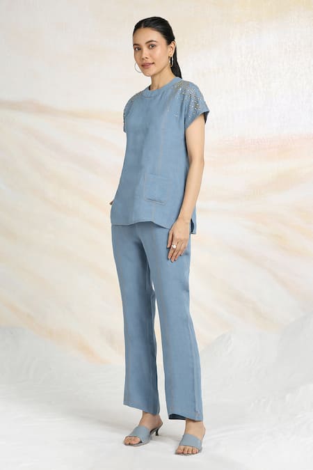 Buy_Kaveri_Blue Linen Rhinestones Round Neck Brazen Fall Embellished Top _Online_at_Aza_Fashions