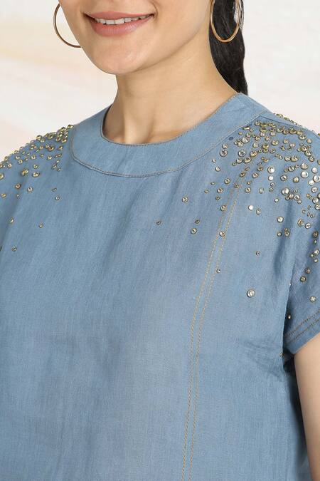 Shop_Kaveri_Blue Linen Rhinestones Round Neck Brazen Fall Embellished Top _Online_at_Aza_Fashions