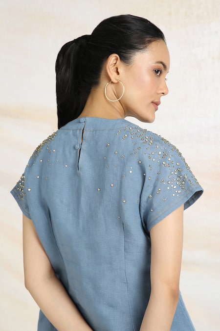 Kaveri_Blue Linen Rhinestones Round Neck Brazen Fall Embellished Top _at_Aza_Fashions
