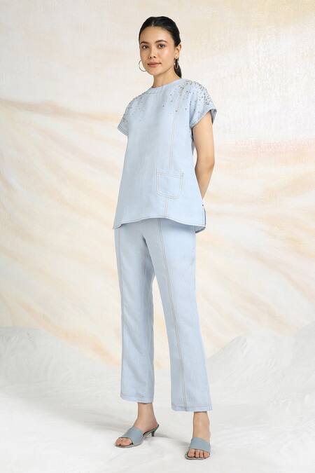 Shop Kaveri Blue Linen Rhinestones Round Neck Galaxy Fall Embellished Top Online at Aza Fashions Shop_Kaveri_Blue Linen Rhinestones Round Neck Galaxy Fall Embellished Top _Online_at_Aza_Fashions