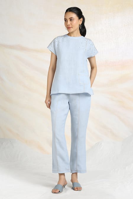 Kaveri Blue Linen Rhinestones Round Neck Galaxy Fall Embellished Top at Aza Fashions Kaveri_Blue Linen Rhinestones Round Neck Galaxy Fall Embellished Top _at_Aza_Fashions