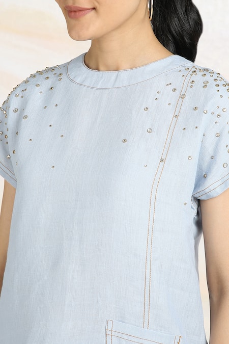 Buy Kaveri Blue Linen Rhinestones Round Neck Galaxy Fall Embellished Top Buy_Kaveri_Blue Linen Rhinestones Round Neck Galaxy Fall Embellished Top